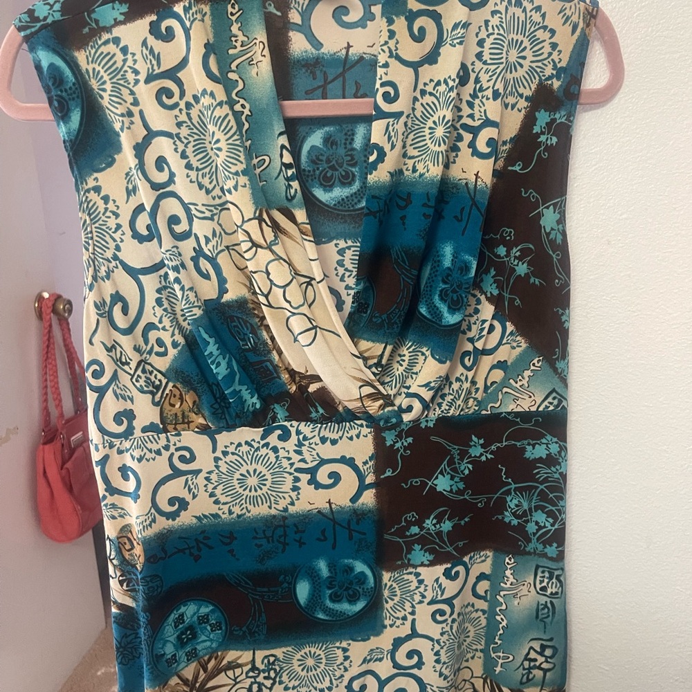 Jkla California Teal and Black Patterned Women's Top